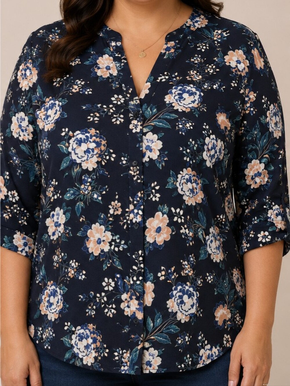 Simply Emma Navy Floral Convertible Roll Tab Blouse 2X Convertible 3/4 Sleeves